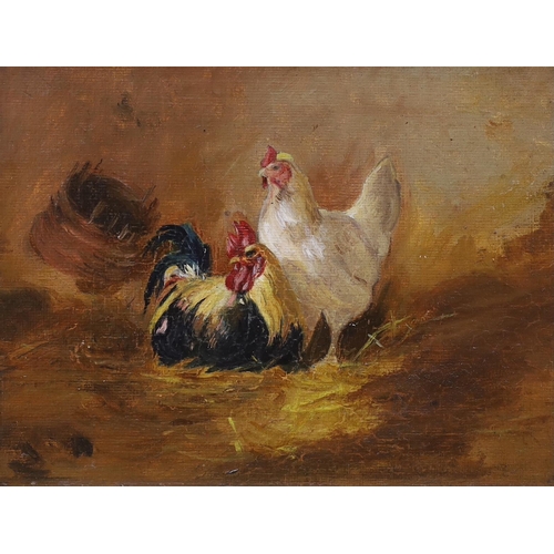 667 - English School, early 20th century, a pair of oils on board, hens, 15 x 20.5cm