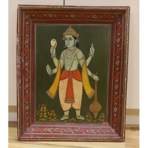 681 - Indian school (20th century), painting of a Hindu deity in a painted frame, total size 73 x 59 cm... 