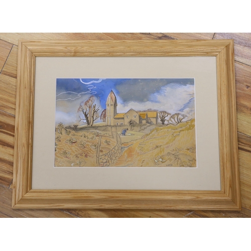 690 - Laird (late 20th century), gouache, Sompting church, Eastbourne, signed, 21 x 32cm