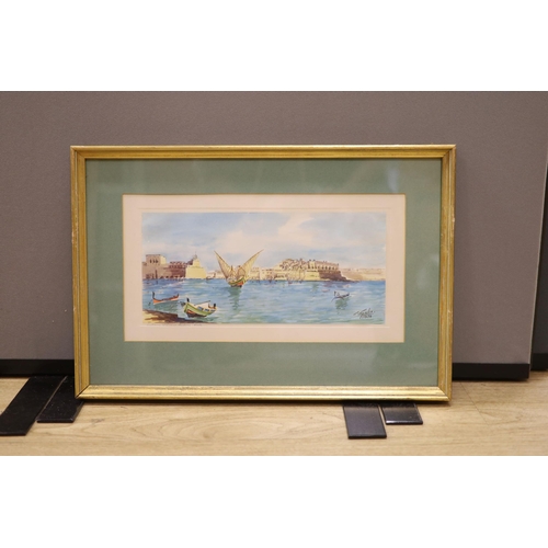 693 - Galea, watercolour, Entrance of Grand Harbour, Malta, signed, 16 x 34cm