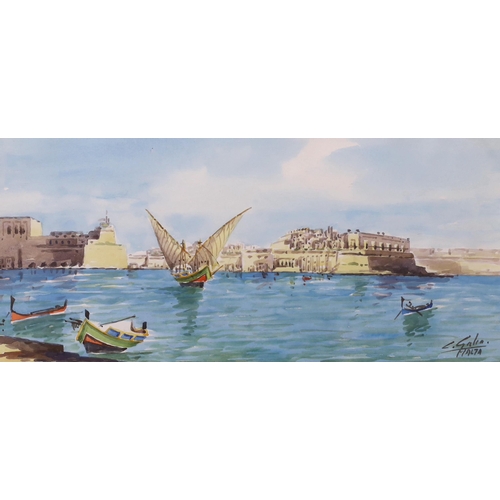 693 - Galea, watercolour, Entrance of Grand Harbour, Malta, signed, 16 x 34cm