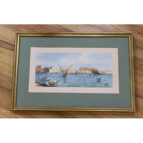 693 - Galea, watercolour, Entrance of Grand Harbour, Malta, signed, 16 x 34cm