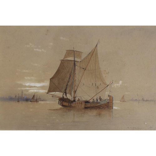 694 - Robert Taylor Pritchett (1828-1907), watercolour, Sail barge off Venice, 16 x 24.5cm and a coastal w... 