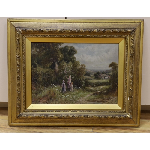 699 - Robert John Hammond, oil on canvas, signed, girls picking flowers on a country path, 24.5 X 34.5 cm... 