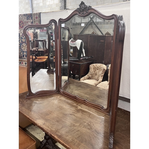 7 - A late 19th century French mahogany triple folding dressing table mirror, width 146cm, height 105cm... 