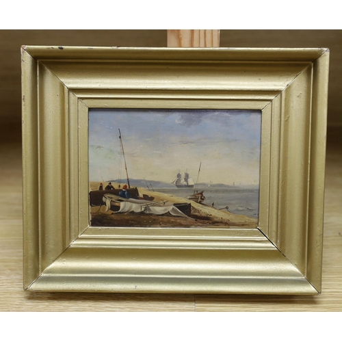 700 - Henry Bright (1810-1873) oil on panel, coastal scene, 12 x 14.5cm, inscribed ownership label verso... 