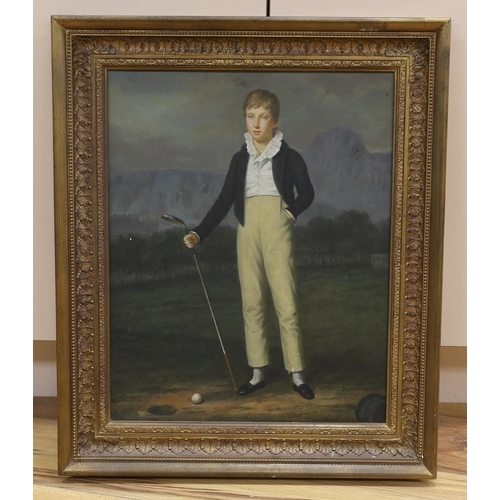 711 - Paul Musin, oil on board, boy with a golf club, signed, 49 x 39cm