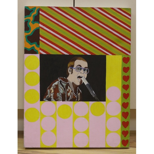 713 - Modern British, oil on canvas, Elton John, 61 x 46cm, unframed