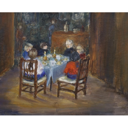 714 - Helen Holder, late 20th century, two oils on card, 'The Stranger' and 'The family dinner', the latte... 