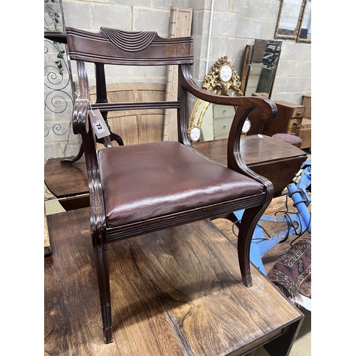 72 - A Regency mahogany elbow chair, width 56cm, depth 46cm, height 83cm