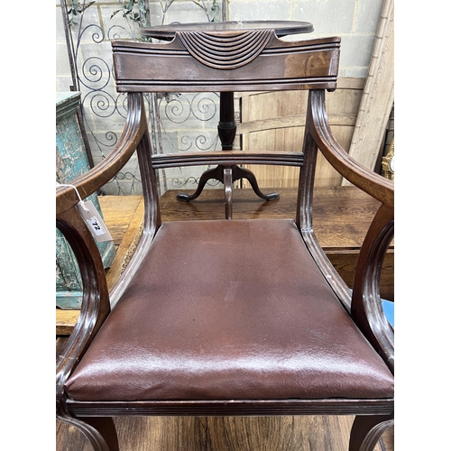 72 - A Regency mahogany elbow chair, width 56cm, depth 46cm, height 83cm