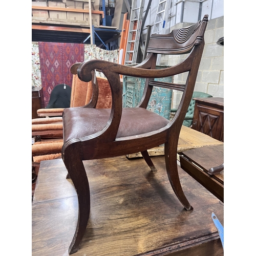 72 - A Regency mahogany elbow chair, width 56cm, depth 46cm, height 83cm