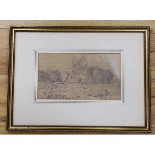 720 - Attributed to John Sell Cottman (1782-1842), pencil sketch, 'River scene with figures and boats', 15... 