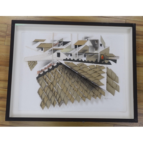 723 - Anthony Abrahams (b. 1926), mixed media collage, roof tops, signed, Image approximately 57 x 77 cm, ... 