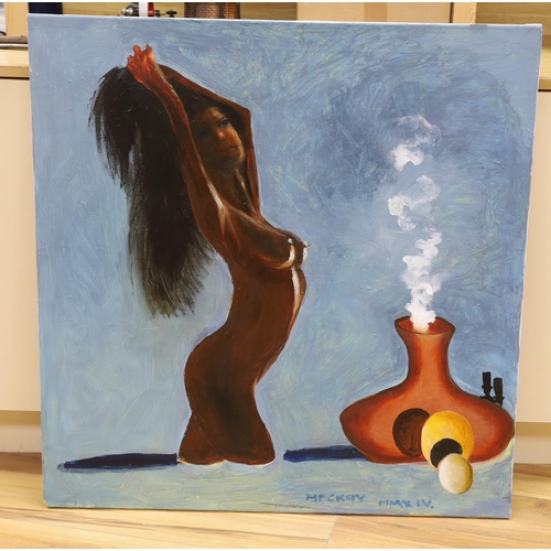 729 - Modern British, oil on canvas, Nude bather and smoking vase, signed Mackay and dated 2014, 92 x 89cm... 