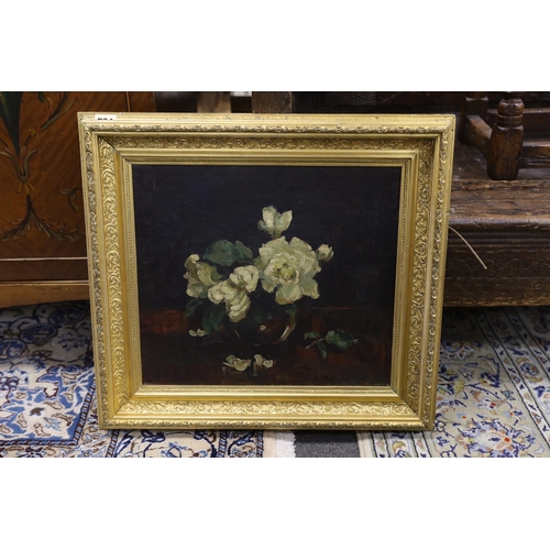 734 - In the manner of Stuart Park, oil on canvas mounted on board, still life of flowers, 35 x 39cm... 