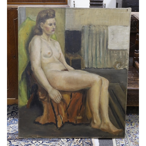 744 - Early 20th century English School, oil on canvas, Nude in a studio, 91 x 76cm, unframed