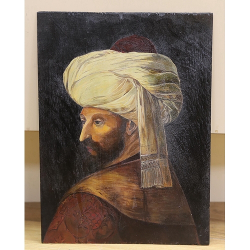 745 - Turkish school, portrait of Fatih Sultan Mehmet, oil on panel, unframed, 30.5cm x 22.5cm