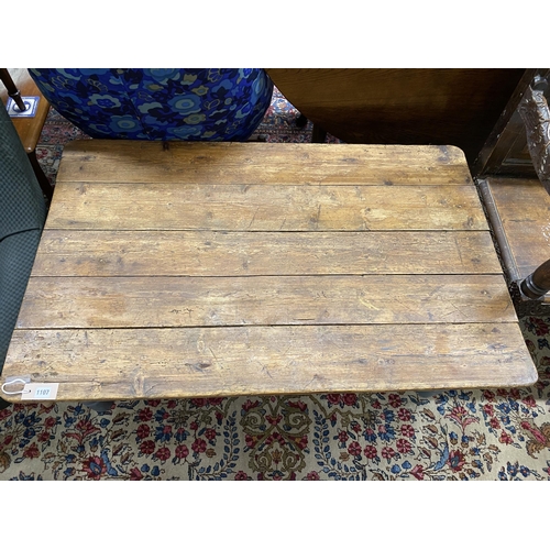 76 - A Victorian part painted rectangular pine coffee table, (cut down dining table), length 120cm, width... 