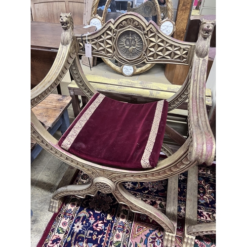 77 - A pair of hardwood and gilt composition 'X' frame chairs, width 72cm, depth 58cm, height 100cm... 