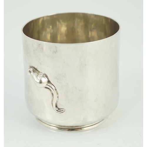 801 - An Elizabeth II Guild of Handcrafts planished silver beaker, with applied rat, and engraved inscript... 