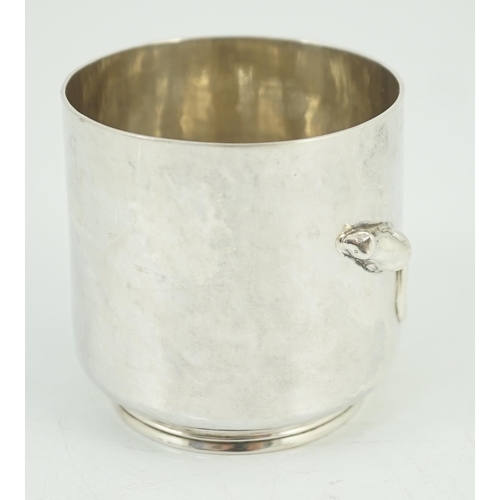 801 - An Elizabeth II Guild of Handcrafts planished silver beaker, with applied rat, and engraved inscript... 