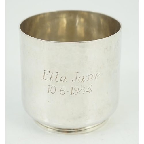 801 - An Elizabeth II Guild of Handcrafts planished silver beaker, with applied rat, and engraved inscript... 