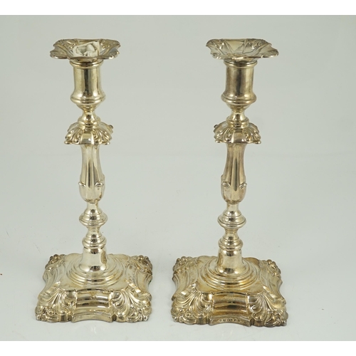 804 - A pair of Victorian silver mounted candlesticks, by Frederick Elkington, with knopped waisted stems ... 