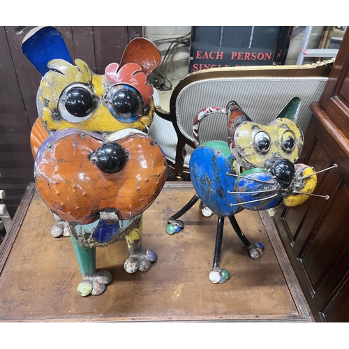 86 - A tin cat and dog garden ornament by EE-I-EE-I-O-, Tabitha the cat and Ralph the dog, larger height ... 