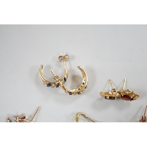 876 - A modern pair of 9ct gold and single stone diamond set elongated earrings, overall 58mm, a similar p... 