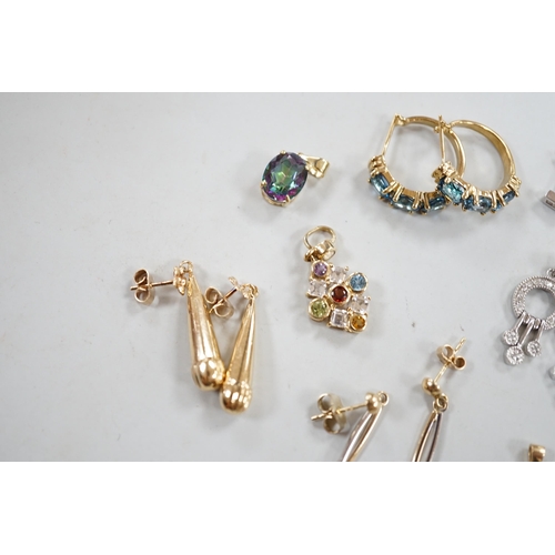 878 - Five assorted modern pairs of 9ct and gem set earrings, including diamond chip cluster drop and blue... 