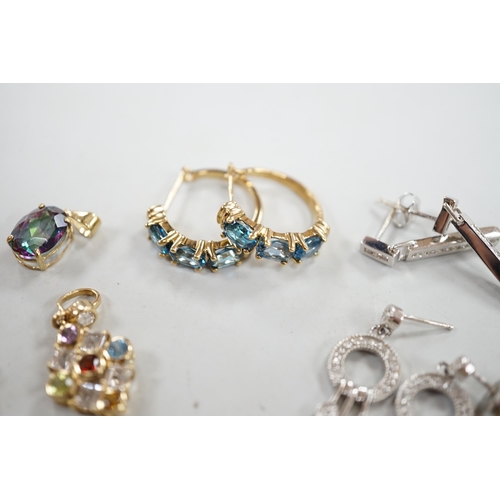 878 - Five assorted modern pairs of 9ct and gem set earrings, including diamond chip cluster drop and blue... 