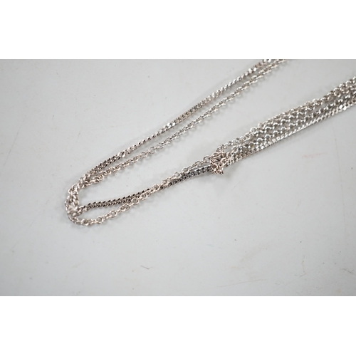 879 - Three assorted modern 18ct white gold fine link chains, longest 42cm, 5.9 grams.