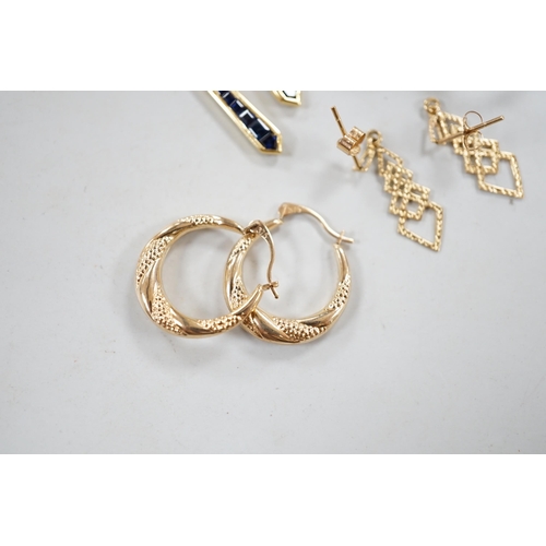 880 - A modern pair of 18ct gold and graduated sapphire set line drop earrings, 35mm, gross weight 3.6 gra... 