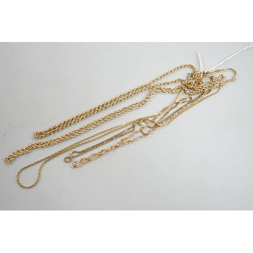 882 - Five assorted modern 9ct gold chains, including two rope twist and one two colour, 44cm, 22.3 grams.... 