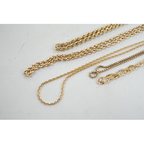 882 - Five assorted modern 9ct gold chains, including two rope twist and one two colour, 44cm, 22.3 grams.... 