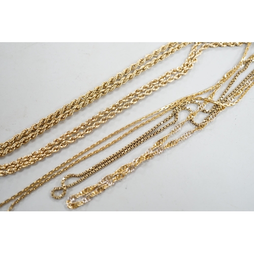 882 - Five assorted modern 9ct gold chains, including two rope twist and one two colour, 44cm, 22.3 grams.... 