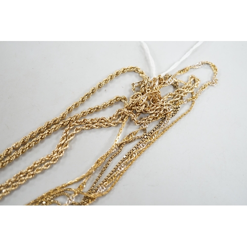 882 - Five assorted modern 9ct gold chains, including two rope twist and one two colour, 44cm, 22.3 grams.... 