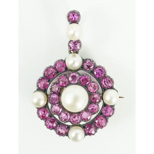 903 - A Victorian gold and silver, pink gem and pearl cluster set target drop pendant brooch, overall 39mm... 