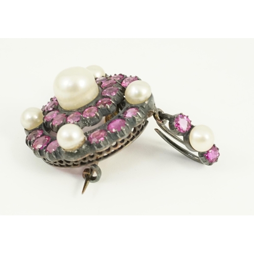 903 - A Victorian gold and silver, pink gem and pearl cluster set target drop pendant brooch, overall 39mm... 