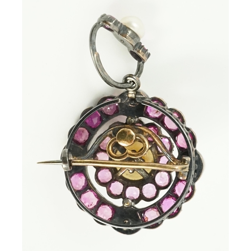 903 - A Victorian gold and silver, pink gem and pearl cluster set target drop pendant brooch, overall 39mm... 