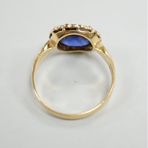 912 - An 18ct, synthetic? sapphire and rose cut diamond set oval cluster ring, size M, gross weight 2.6 gr... 