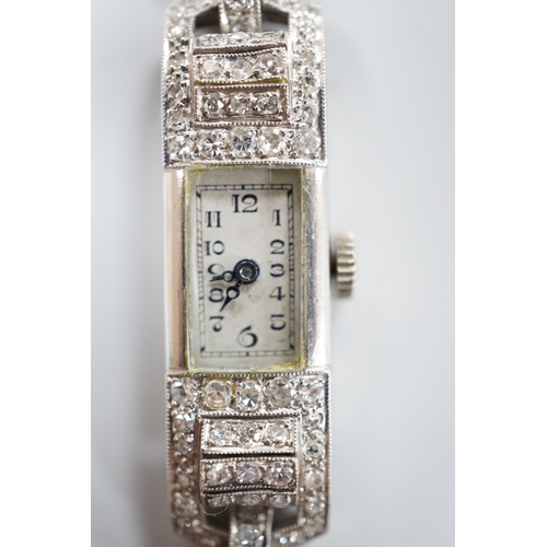 920 - A lady's 1930's/2940's white metal (engraved All Platine) and diamond set manual wind cocktail watch... 