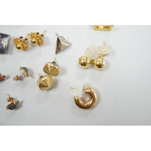 925 - A modern pair of 9ct gold, gold, ruby and diamond earrings, boxed and nine other assorted pairs of e... 