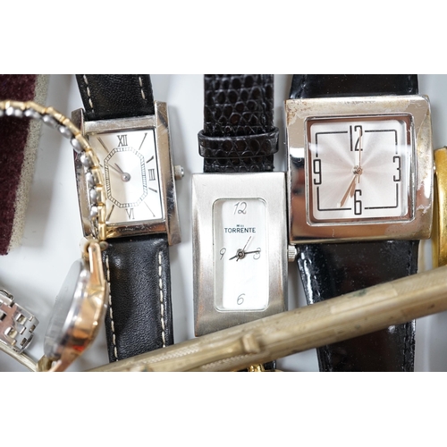 926 - Two 9ct thin bands, a Swedish white metal Elona bangle and a quantity of assorted watches and costum... 