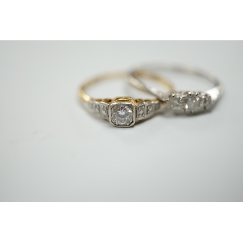 933 - Two 18ct,plat and diamond set rings including single stone, size Q and three stone, size O/P, gross ... 