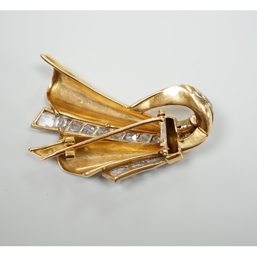 935 - A 1940's/1950's French? yellow metal and graduated rose cut diamond set stylised fan clip brooch, 46... 