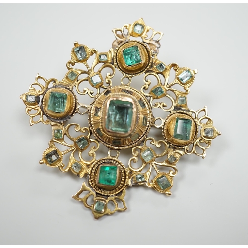 937 - A 19th century continental pierced yellow metal and emerald cluster set quatrefoil brooch, 47mm, gro... 