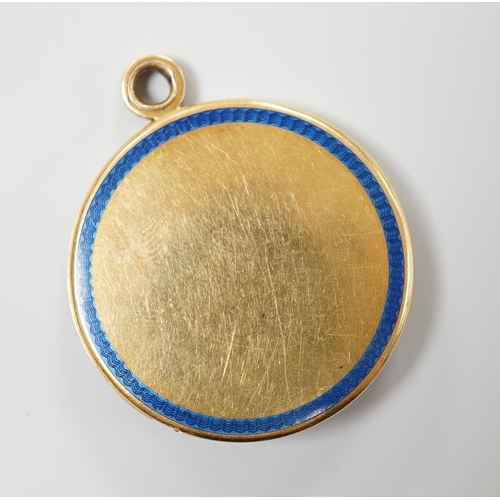 938 - An Art Deco yellow metal, three colour enamel, synthetic? sapphire and diamond set circular locket, ... 