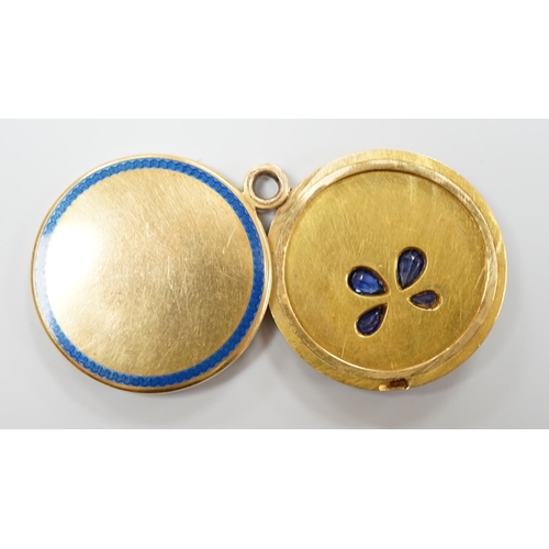 938 - An Art Deco yellow metal, three colour enamel, synthetic? sapphire and diamond set circular locket, ... 